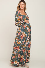 Teal Tropical Floral Maternity Maxi Dress