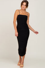 Black Ruched Asymmetric Maternity Fitted Dress