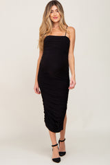 Black Ruched Asymmetric Maternity Fitted Dress