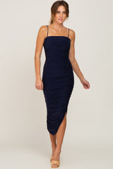 Navy Ruched Asymmetric Maternity Fitted Dress