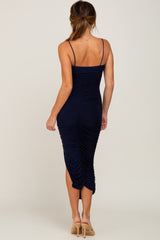 Navy Ruched Asymmetric Fitted Dress