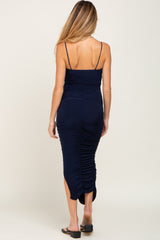 Navy Ruched Asymmetric Maternity Fitted Dress