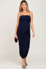 Navy Ruched Asymmetric Maternity Fitted Dress