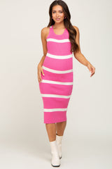 Pink Striped Rib Knit Sleeveless Maternity Midi Dress