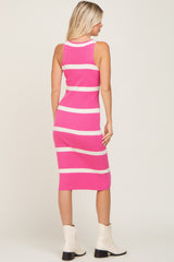 Pink Striped Rib Knit Sleeveless Midi Dress