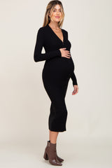 Black Ribbed Button Front Long Sleeve Maternity Dress