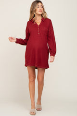 Burgundy Waffle Knit Collared Long Sleeve Maternity Dress