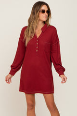 Burgundy Waffle Knit Collared Long Sleeve Maternity Dress