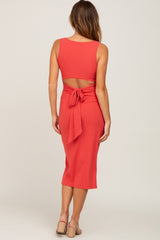 Coral Ribbed Back Cutout Midi Dress