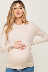 Beige Knit Long Button Sleeve Maternity Top