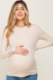 Beige Knit Long Button Sleeve Maternity Top