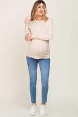 Beige Knit Long Button Sleeve Maternity Top