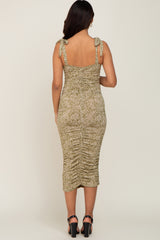 Light Olive Printed Ruched Shoulder Tie Maternity Dress