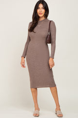 Taupe Brushed Knit Long Sleeve Mock Neck Dress