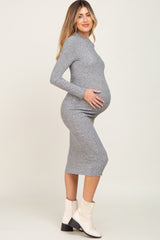 Grey Brushed Knit Long Sleeve Mock Neck Maternity Dress