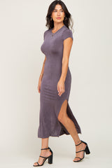 Charcoal Short Sleeve Side Slit Maxi Dress