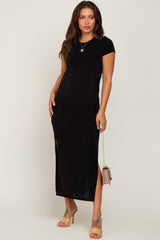 Black Short Sleeve Side Slit Maternity Maxi Dress