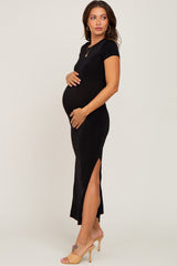 Black Short Sleeve Side Slit Maternity Maxi Dress