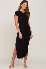 Black Short Sleeve Side Slit Maternity Maxi Dress