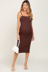 Brown Ribbed Sleeveless Fitted Maternity Dress