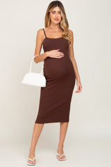 Brown Ribbed Sleeveless Fitted Maternity Dress