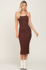 Brown Ribbed Sleeveless Fitted Dress