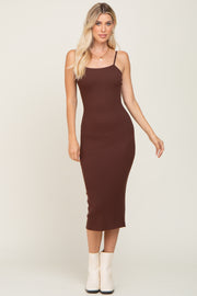 Brown Ribbed Sleeveless Fitted Dress