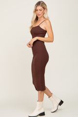 Brown Ribbed Sleeveless Fitted Dress