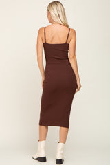 Brown Ribbed Sleeveless Fitted Dress