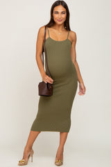 Olive Ribbed Sleeveless Fitted Maternity Dress