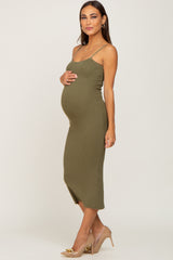 Olive Ribbed Sleeveless Fitted Maternity Dress