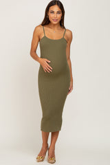 Olive Ribbed Sleeveless Fitted Maternity Dress