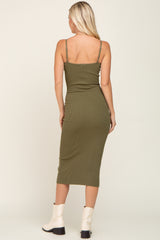 Olive Ribbed Sleeveless Fitted Dress