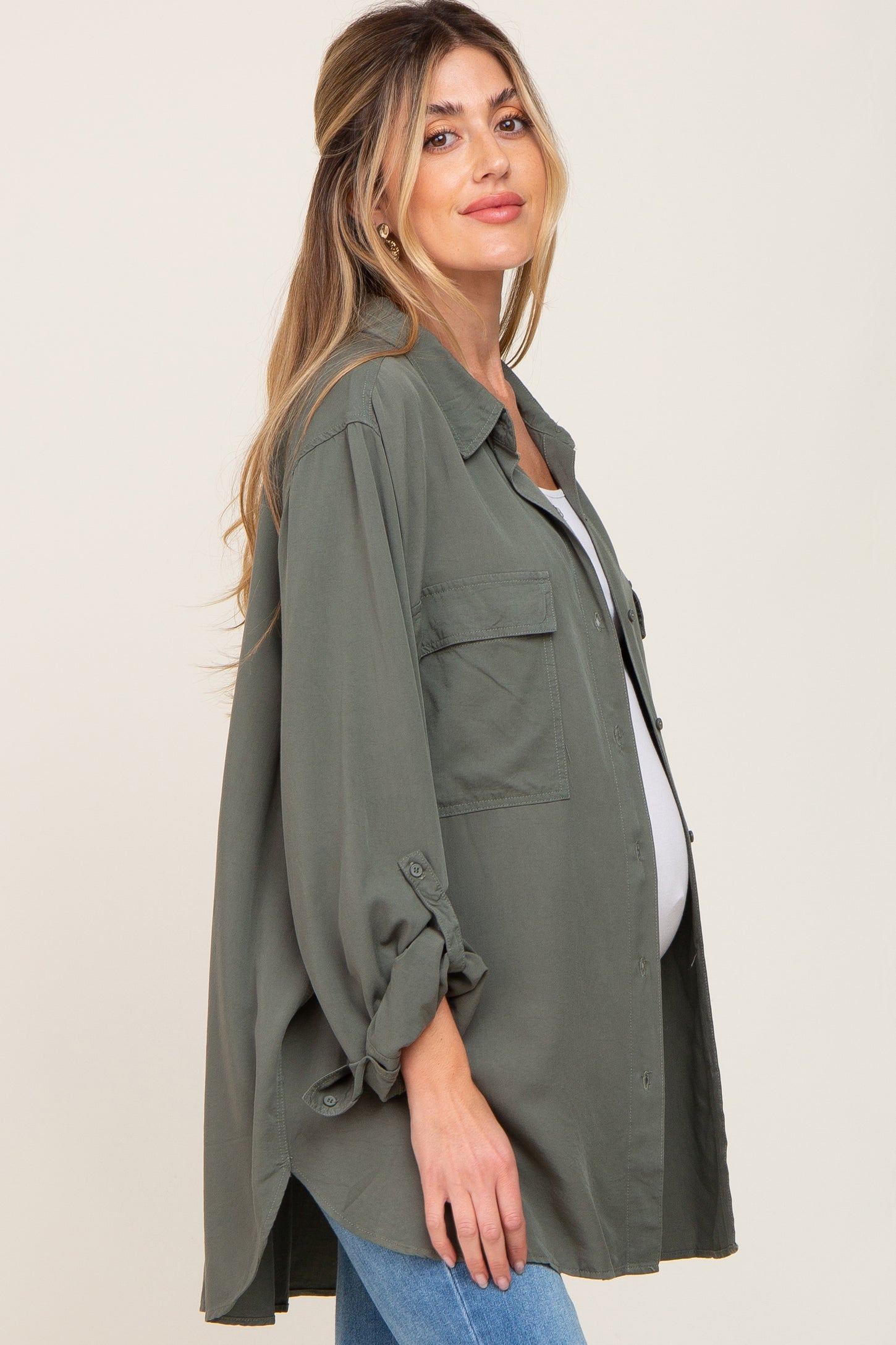 Olive Oversized Maternity Button Down Blouse– PinkBlush