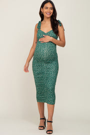 Green Floral Ruched Shoulder Tie Maternity Dress