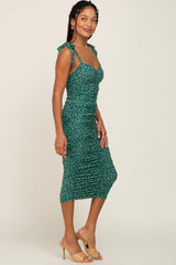 Green Floral Ruched Shoulder Tie Dress