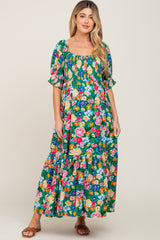 Green Floral Smocked Puff Sleeve Maternity Maxi Dress