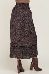 Black Ditsy Print Smocked Front Tie Skirt