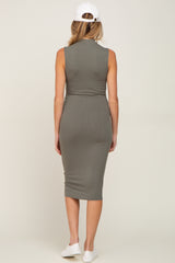 Olive Ribbed Mock Neck Maternity Midi Dress