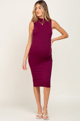 Burgundy Ribbed Mock Neck Maternity Midi Dress