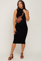 Black Ribbed Mock Neck Maternity Midi Dress