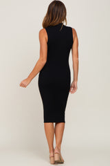 Black Ribbed Mock Neck Midi Dress