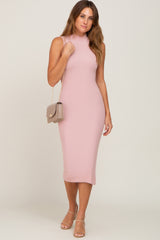 Mauve Ribbed Mock Neck Midi Dress