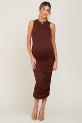 Brown Basic Ruched Maternity Midi Dress