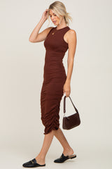 Brown Basic Ruched Midi Dress