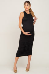 Black Basic Ruched Maternity Midi Dress