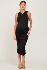 Black Basic Ruched Maternity Midi Dress