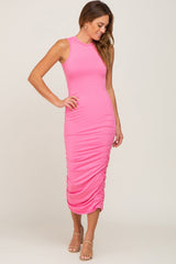 Pink Basic Ruched Midi Dress