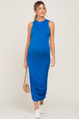 Blue Basic Ruched Maternity Midi Dress