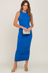 Blue Basic Ruched Maternity Midi Dress